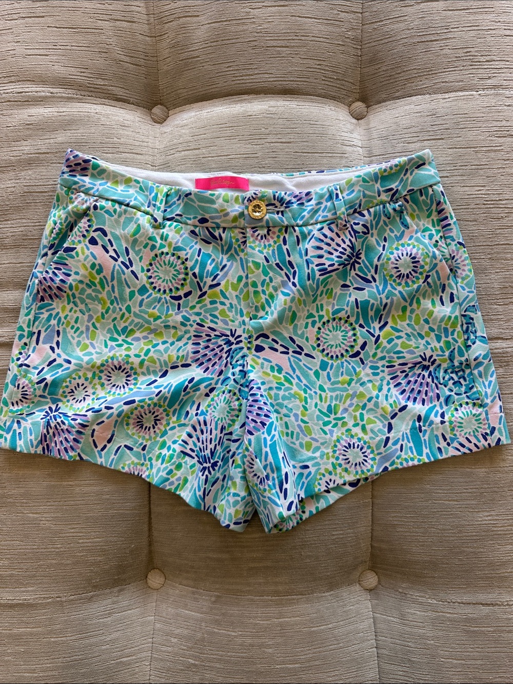 Lilly Pulitzer Luxletic Floral Mosaic Shorts in Aqua, Teal & Purple 4” Insea